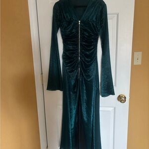 Sies Marjan Shimmering Teal Ruched Zip-Front Long-Sleeve Gown